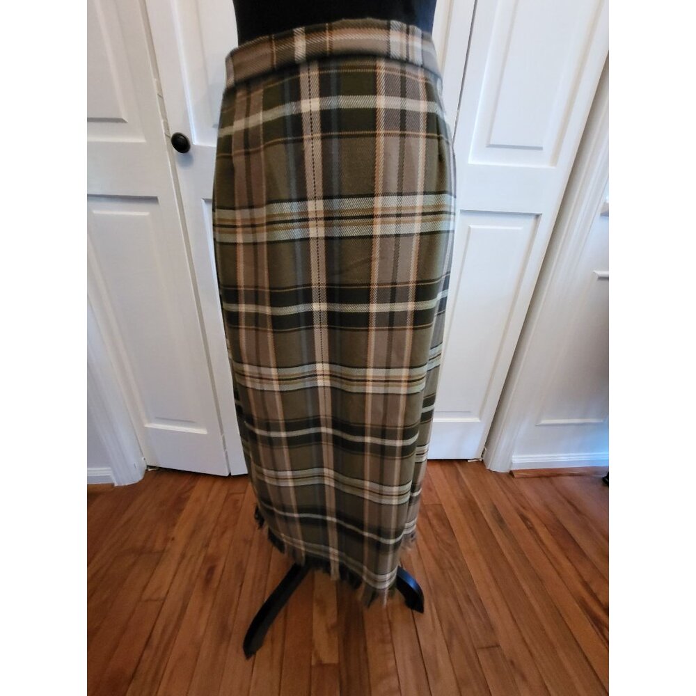Vintage 90's Green Plaid Maxi Skirt Fringe sz 8P Preppy Academia Equestrian - Picture 4 of 6